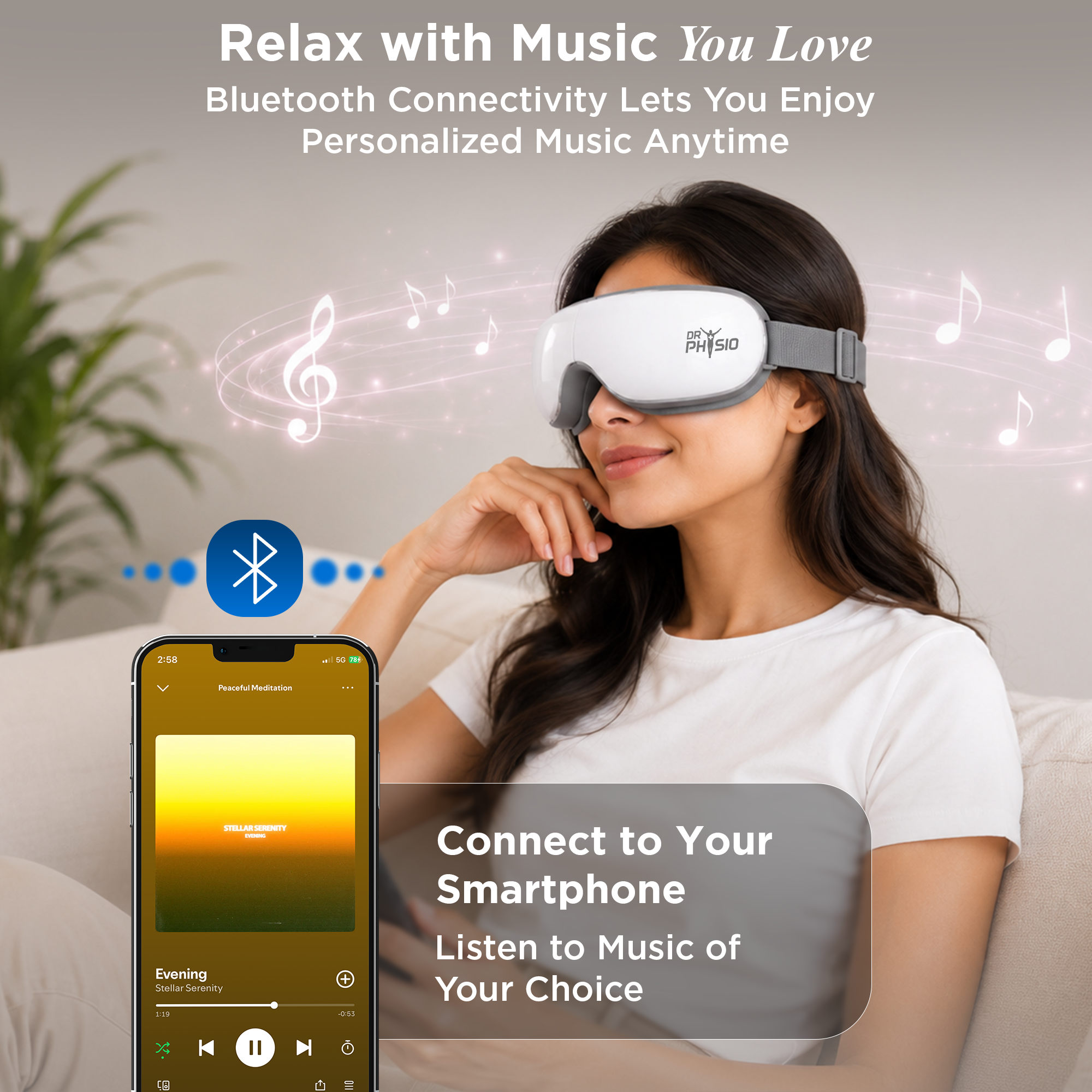 Dr Physio USA 1057 iRA Eye Massager with Heat, Heated Eye Mask with Bluetooth Music, Face Massager, Mask for Migraine & Headache Relief, Improved Sleep, Birthday Gifts for Mom Dad Women Men Her Him