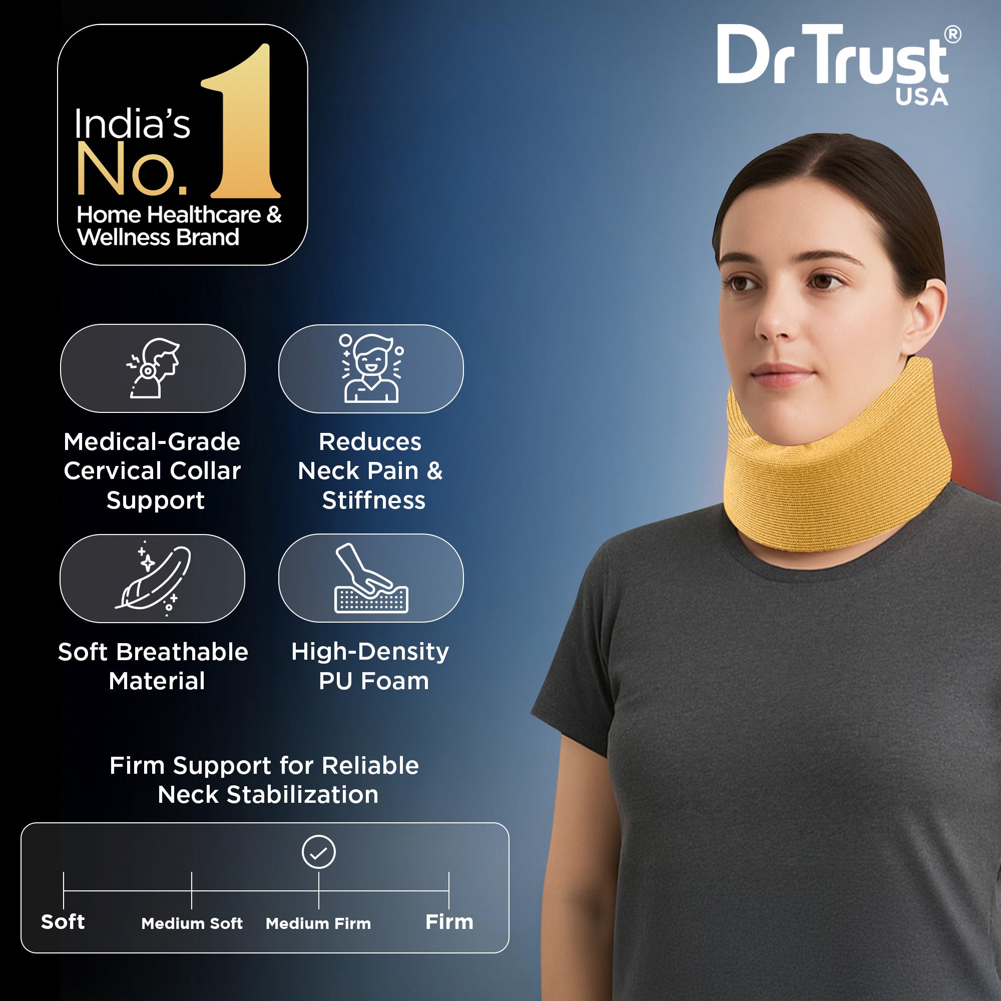 Dr Trust USA 4101 Cervical Collar Soft-Firm Density Contoured Neck Support Brace for Pain Relief, Cervical Spondylosis & Injury Recovery Support Collar For Posture Correction & Daily Use