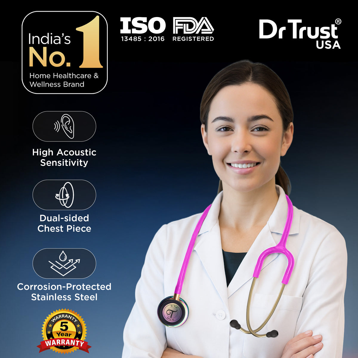 Dr Trust Gold Standard® III Stethescope 135 – PinkHero