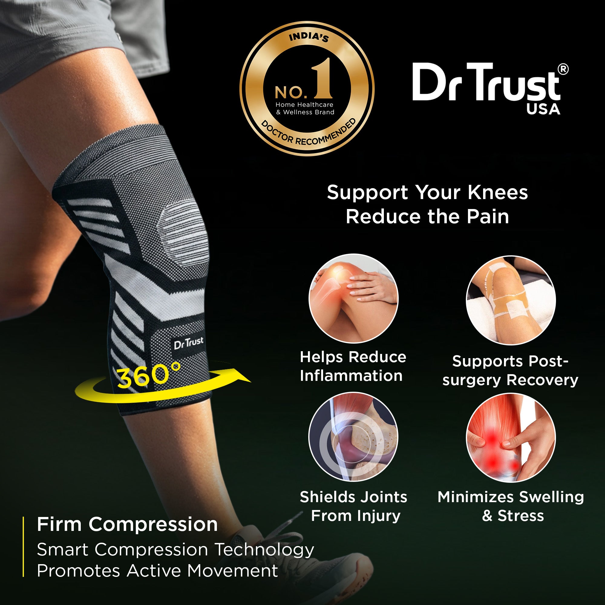 Dr Trust USA Knee Cap Pro for Knee Pain, Meniscus Tear, ACL Arthritis, Sports and Recovery Support, Advanced Compression Knee Sleeve for Joint Stability Recovery Knee Brace For Men and Women (2 pack) 4520