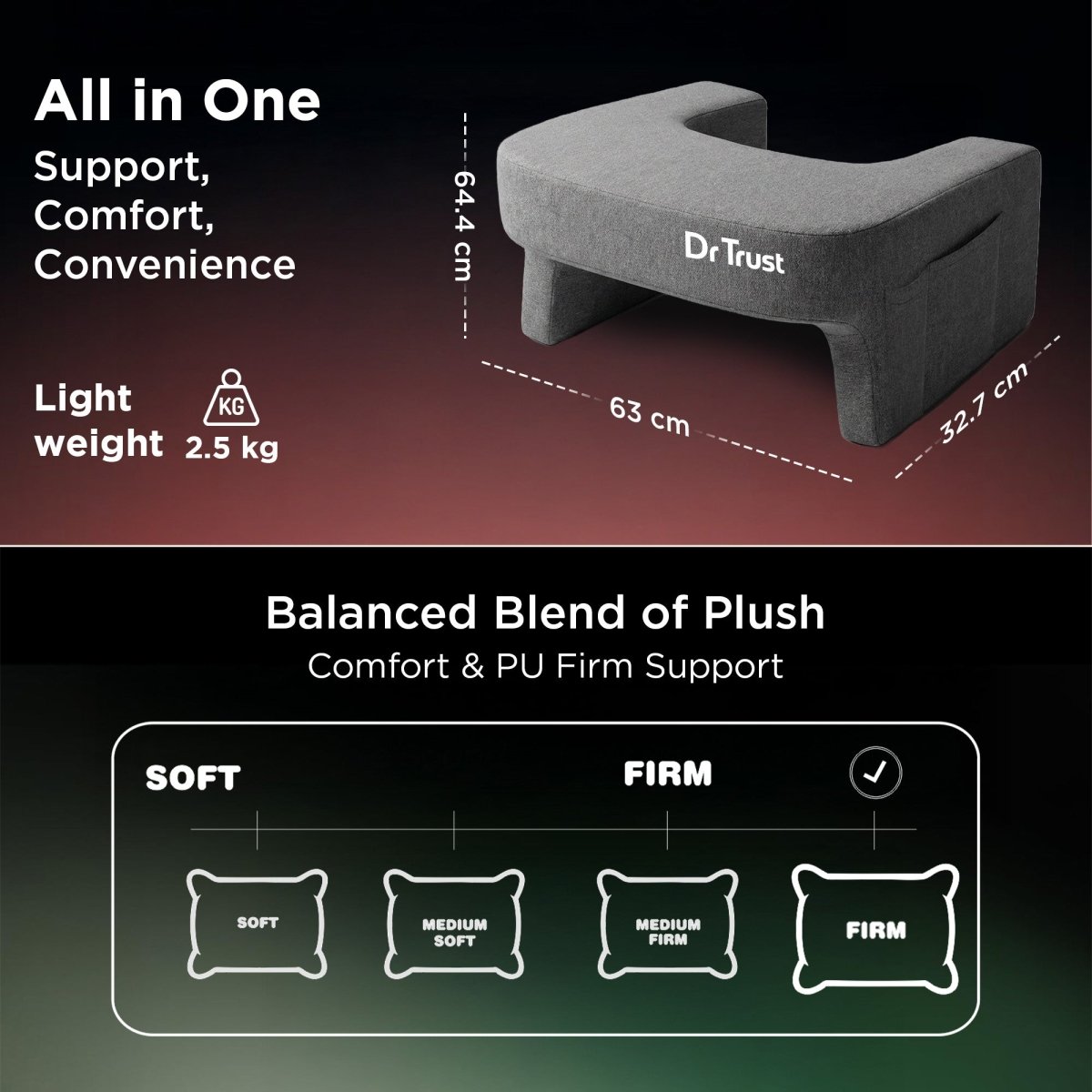 Dr Trust USA 3211 Lap Desk Pillow for Laptop Use, Ergonomic Portable Laptop Support for Bed, Sofa & Couch, Perfect for WFH, Gaming, Study, Reading & Online Classes | Grey