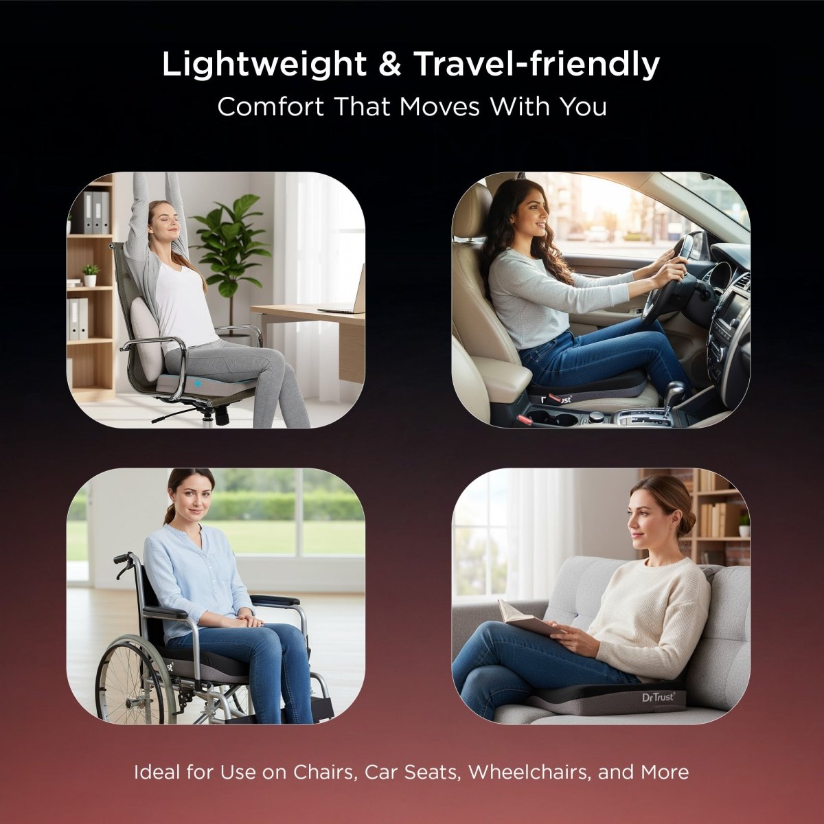 Dr Trust USA 393 Coccyx Cushion for Sciatica & Lower Back Tailbone Pain Relief, Postpartum Recovery, Posture Correction & Long Sitting Seating Comfort Home, Office Chairs & Car Seats PU Foam Low Back Seat Comfort for Men & Women