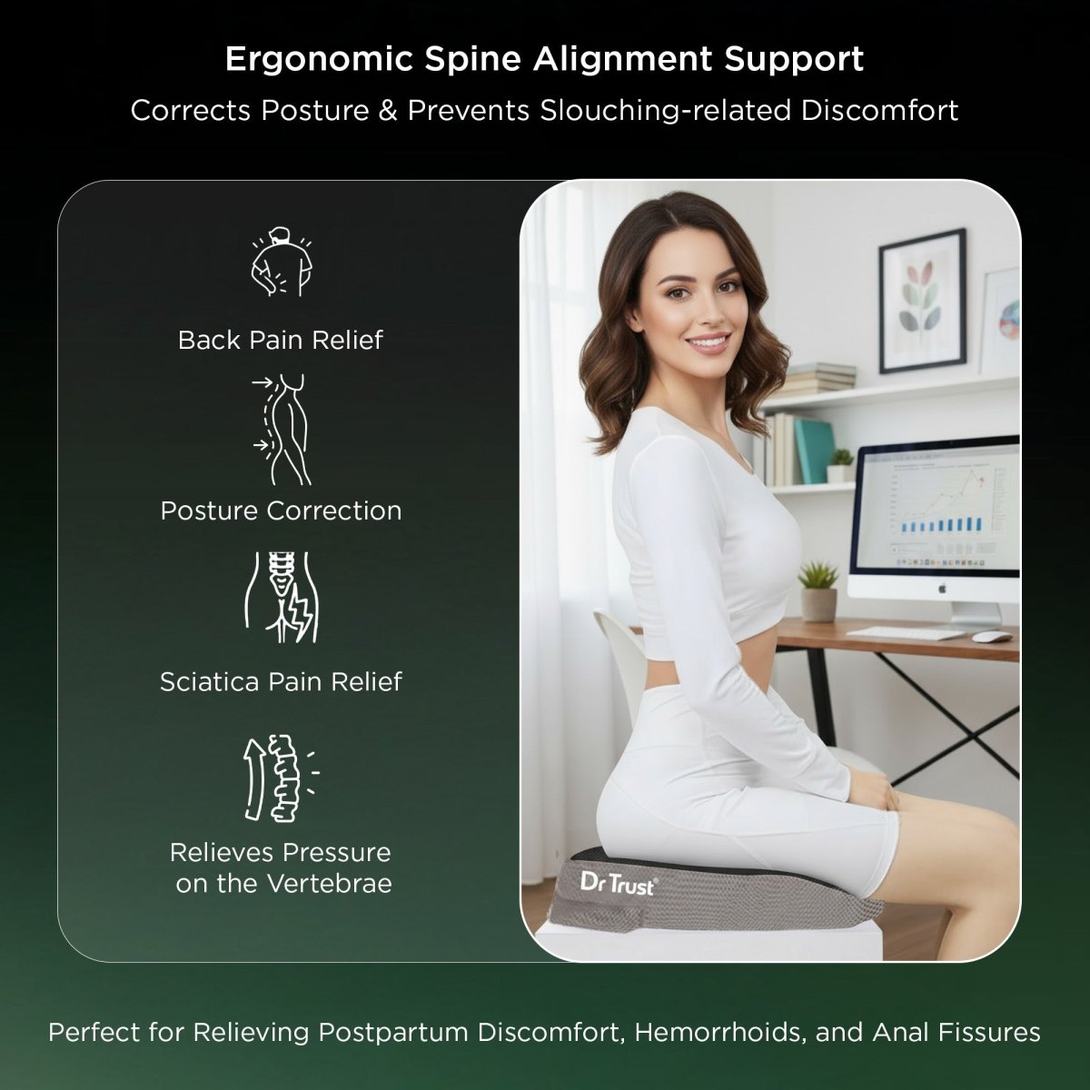 Dr Trust USA 393 Coccyx Cushion for Sciatica & Lower Back Tailbone Pain Relief, Postpartum Recovery, Posture Correction & Long Sitting Seating Comfort Home, Office Chairs & Car Seats PU Foam Low Back Seat Comfort for Men & Women