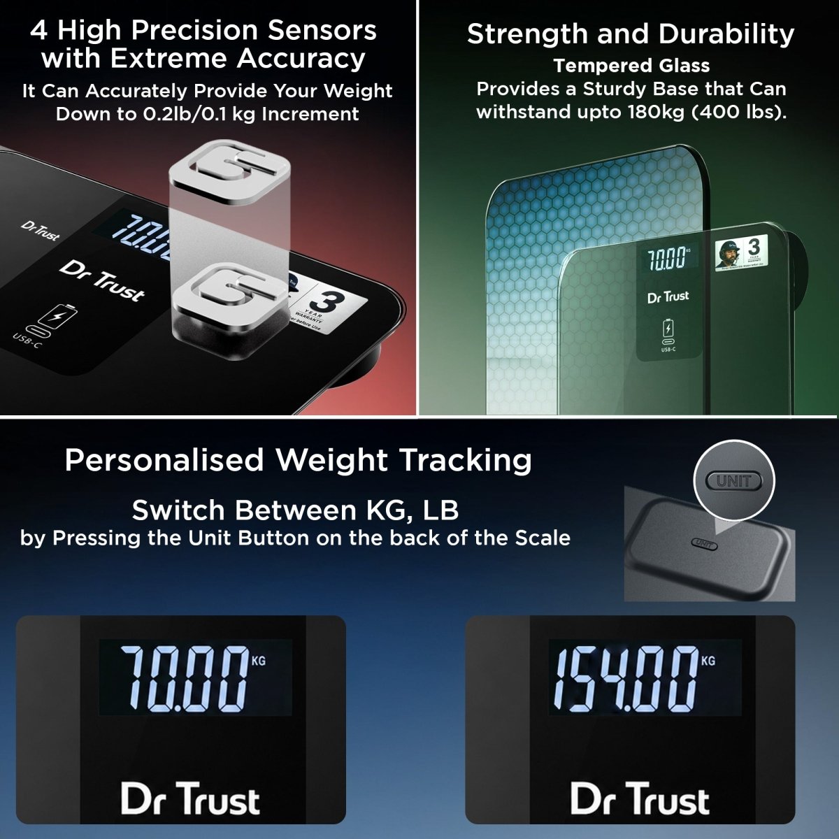 Dr Trust USA 534 Rechargeable Digital Electronic Weight Machine, CE-Approved Personal Weighing Scale for Accurate Body Weight Measurement, 180 kg Capacity, Daily Weight Monitoring