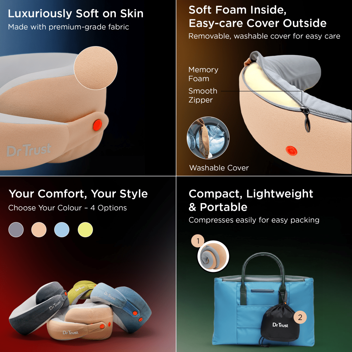 Dr Trust USA Cocoon 3205 Travel Neck Pillow 360° Ergonomic Support for Car, Flight & Train Comfortable Memory Foam Pillow with 4 Adjustable Buttons – Pink Voyager