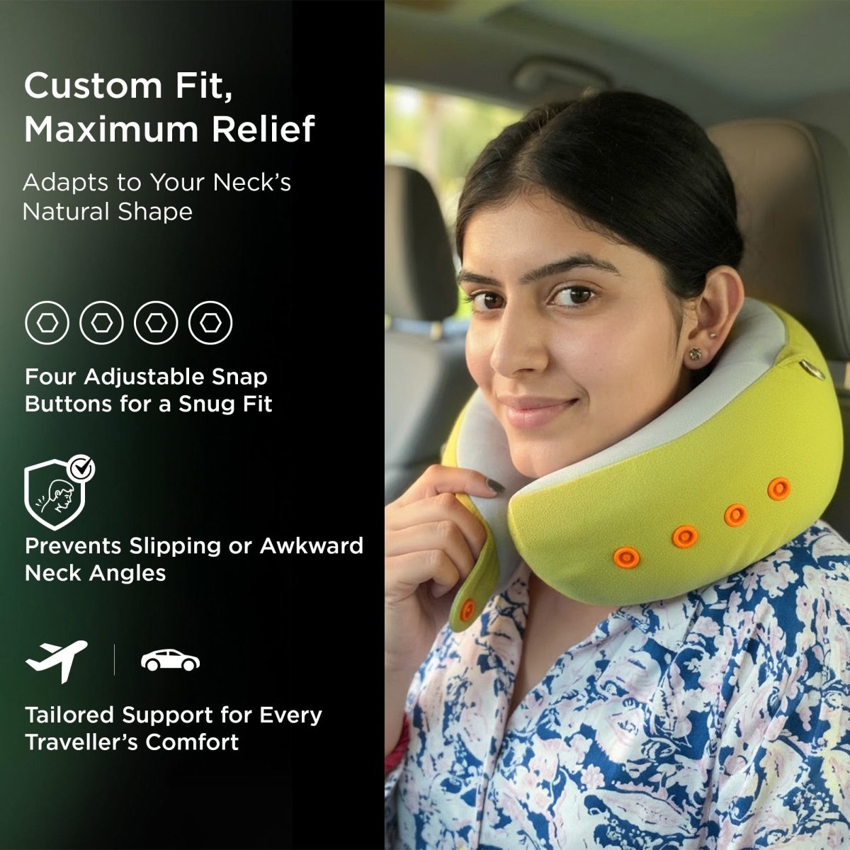 Dr Trust USA Cocoon 3219 Travel Neck Pillow 360° Ergonomic Support for Car, Flight & Train Comfortable Memory Foam Pillow with 4 Adjustable Buttons – Green