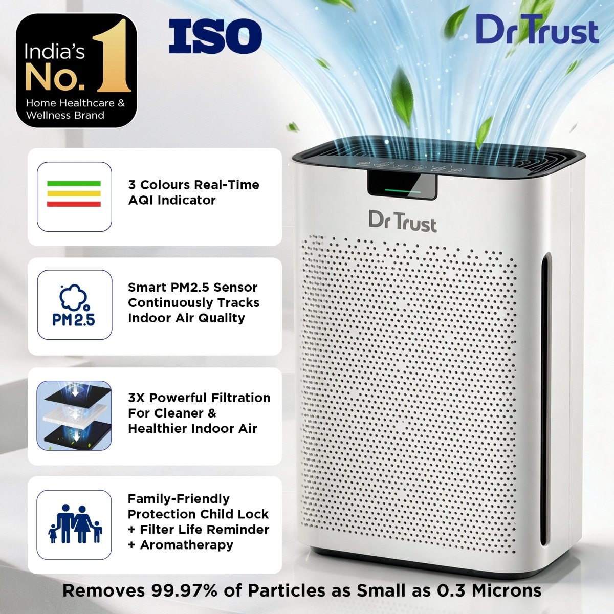 Dr Trust USA Oslo Air Purifier 915 with True HEPA H13 & Activated Carbon Filter, Real-Time PM2.5 Display, Auto Mode, Child Lock & Aromatherapy, Covers Up to 250 Sq. Ft.