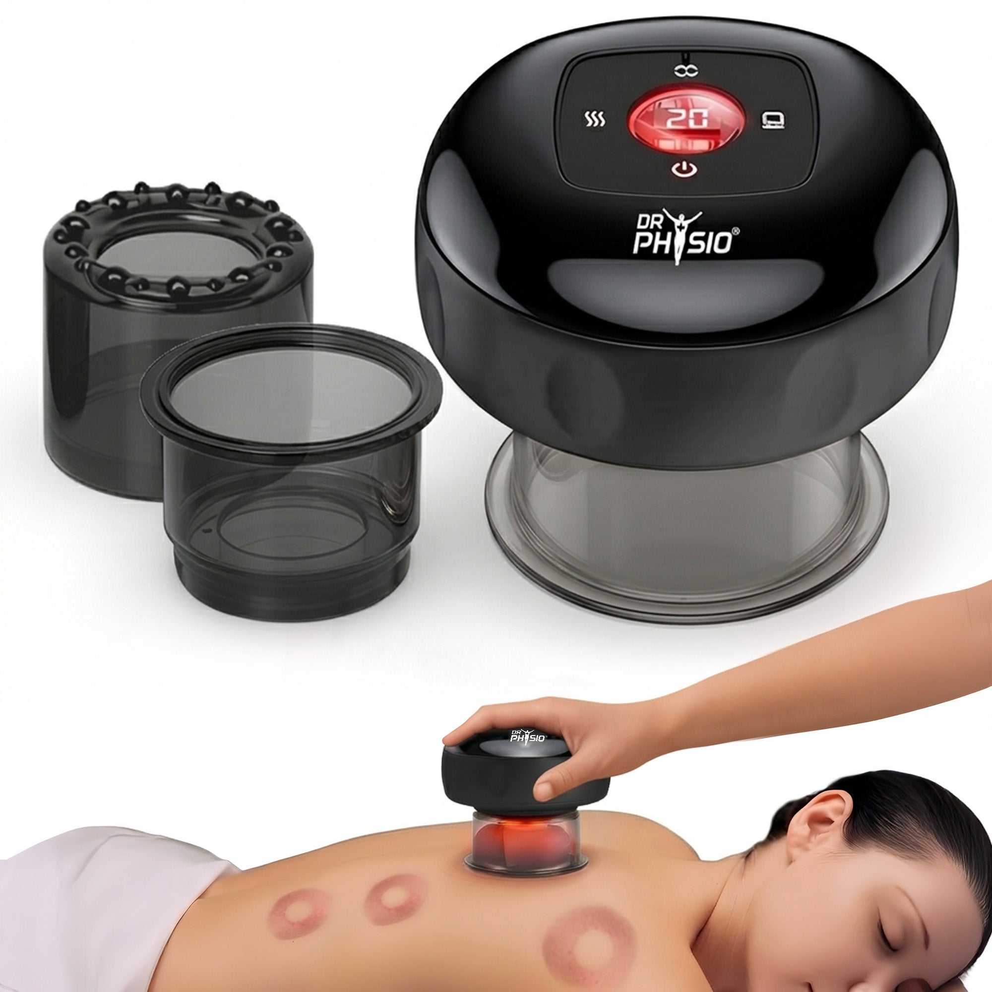 Dr Physio USA 1054 Advanced 5-in-1 Electric Cupping Massager, 12-Level Heat & Suction, Red Light Therapy for Muscle Relaxation, Pain Relief Recovery & Cellulite Support