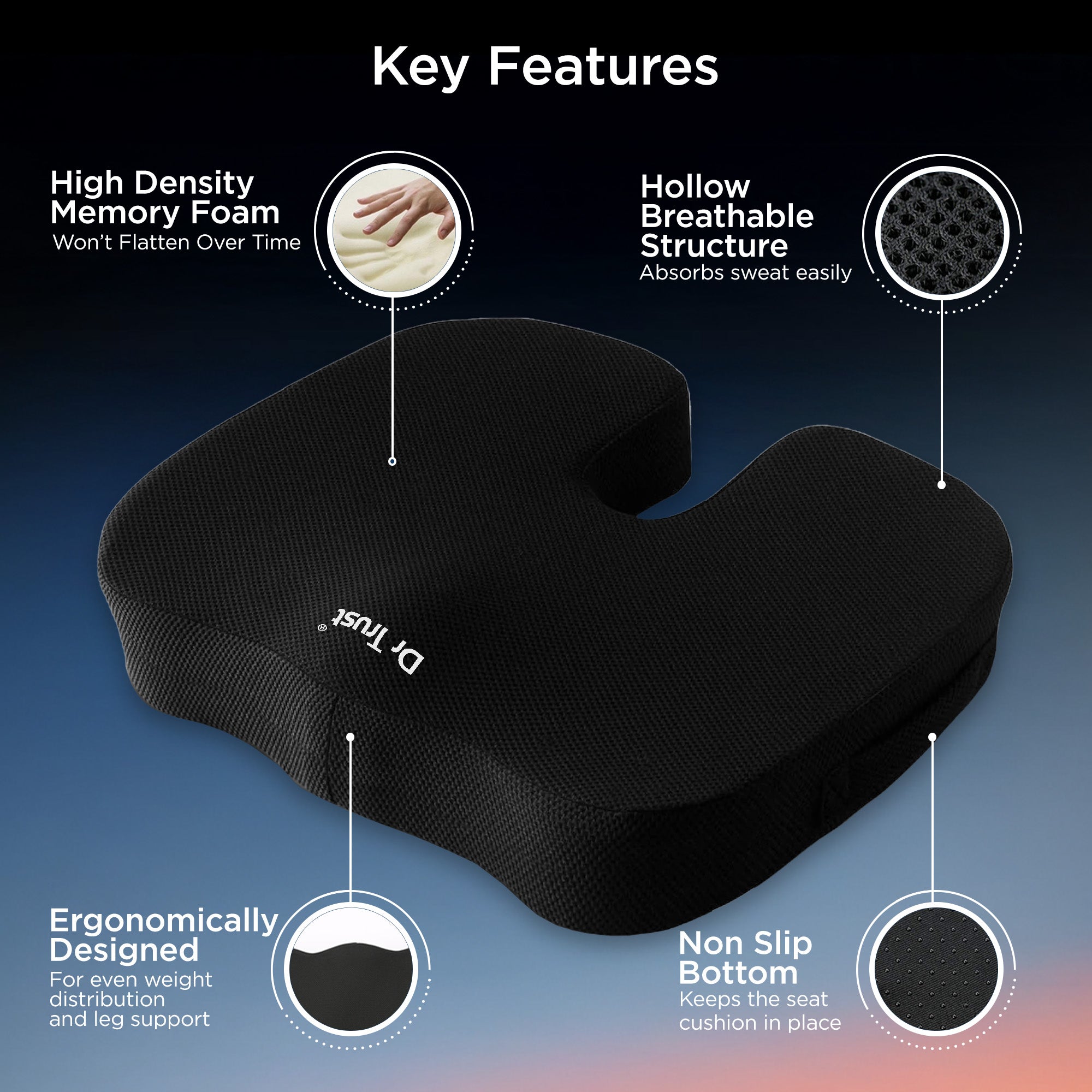 Dr Trust USA 3215 Ortho Coccyx Cushion Seat Support for Tailbone Pain & Sciatica Relief Long Sitting U-Shape Ergonomic Comfort for Car, Office & Home Chairs