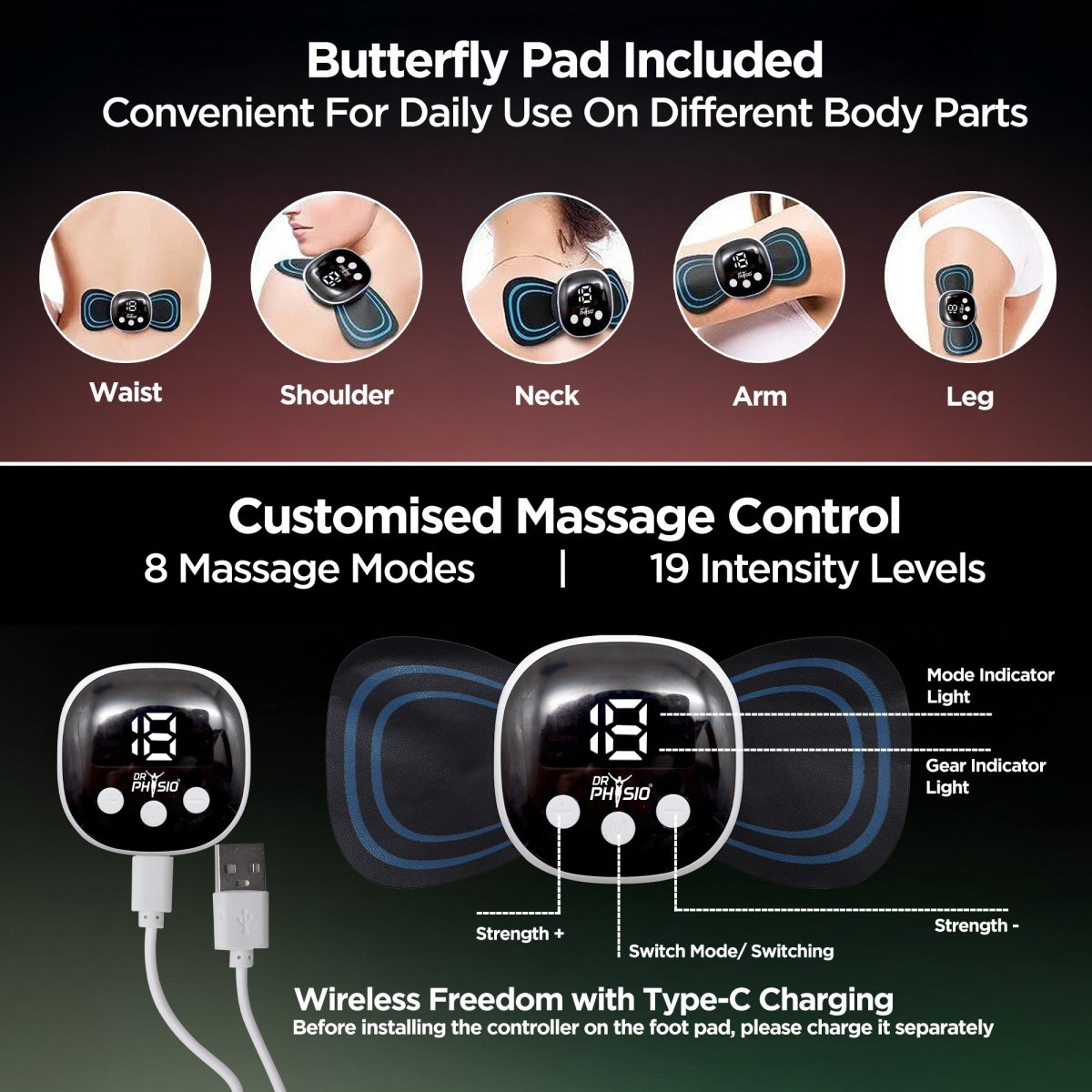 Dr Physio USA 1035 EMS Rechargeable Foot Massager Mat Machine with 8 Massage Modes, 19 Intensity Levels, Reflexology Pad For Pressure Point Full Body Pain Relief, Portable Foldable Foot Massager for Tired & Achy Feet Relief