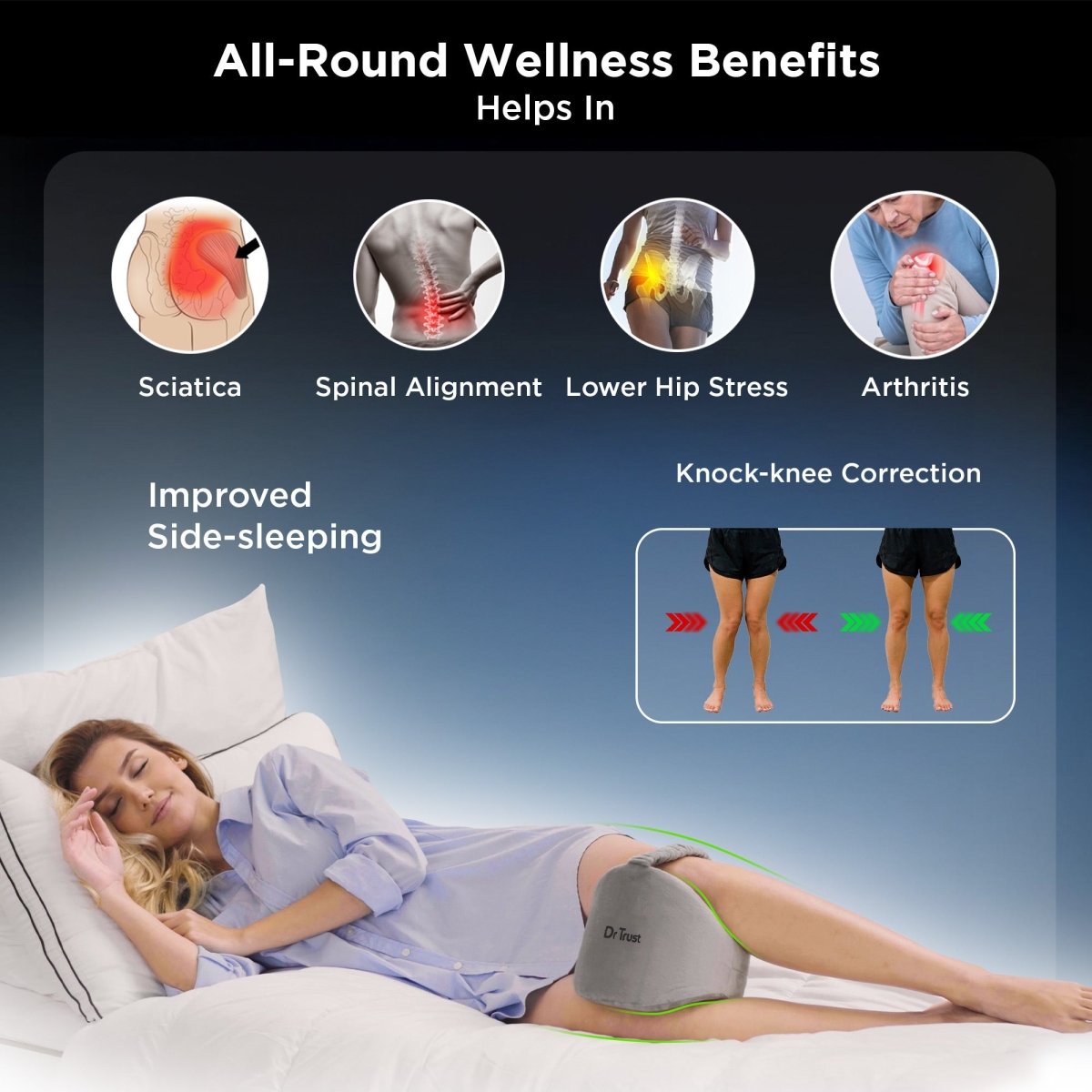 Dr Trust USA 3202 Orthopaedic Knee Pillow for Side Sleepers, Spine Alignment, Back, Hip & Pregnancy Pain Relief, Memory Foam Support for Pain - Free Sleep