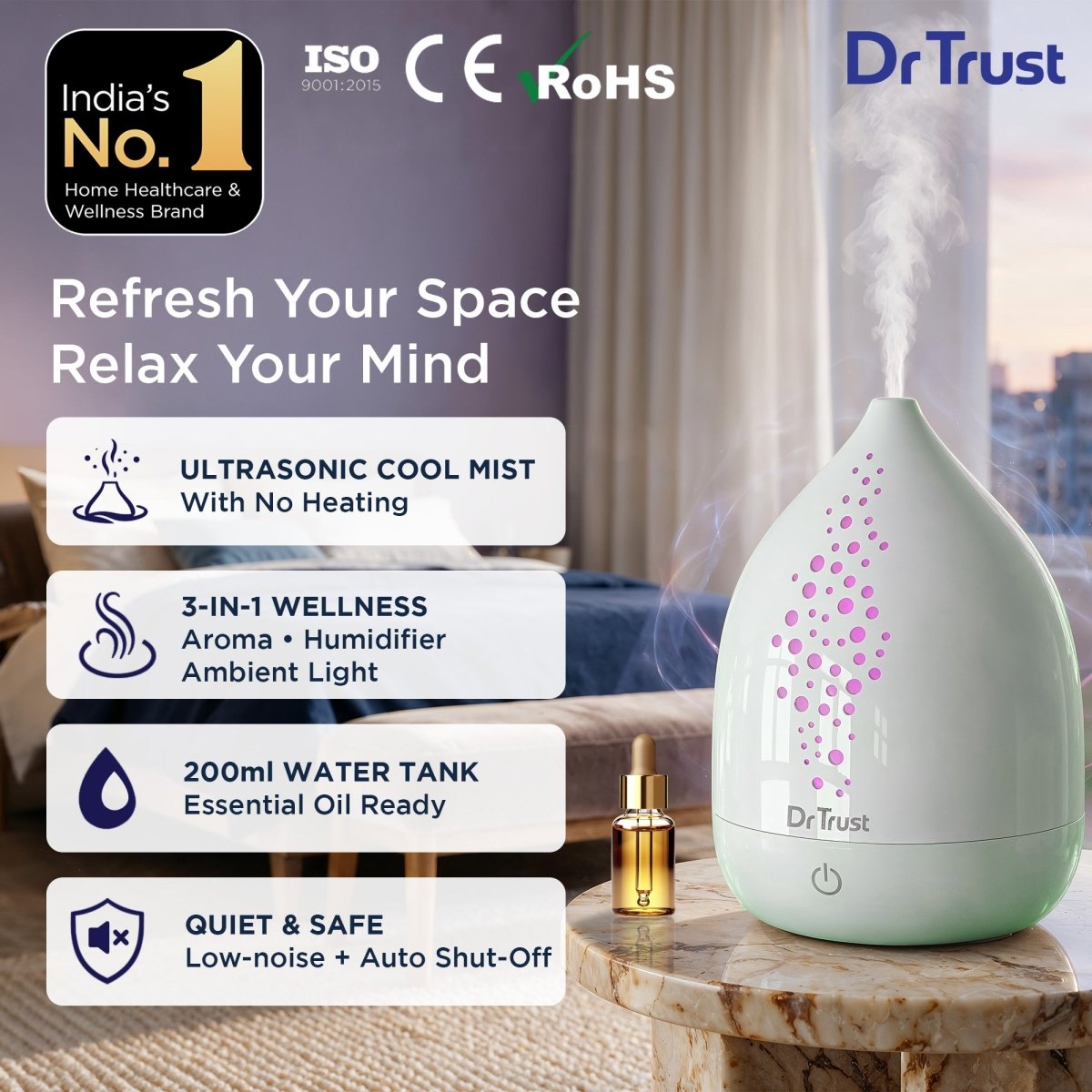 Dr Trust USA 911 Halomist Aroma Diffuser Ultrasonic Essential Oil Cool Mist Humidifier with 5 Colour Ambient LED Light, 200mL Water Tank, Aromatherapy Diffuser for Bedroom, Home, Office & Yoga