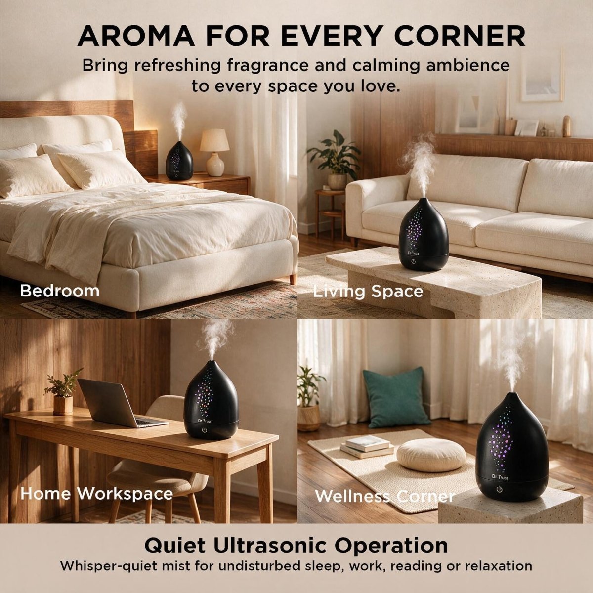 Dr Trust USA 913 HomeSpa Noirmist Aroma Diffuser Ultrasonic Essential Oil Cool Mist Humidifier with 5 Colour Ambient LED Light, 200mL Water Tank, Aromatherapy Diffuser for Bedroom, Home, Office & Yoga