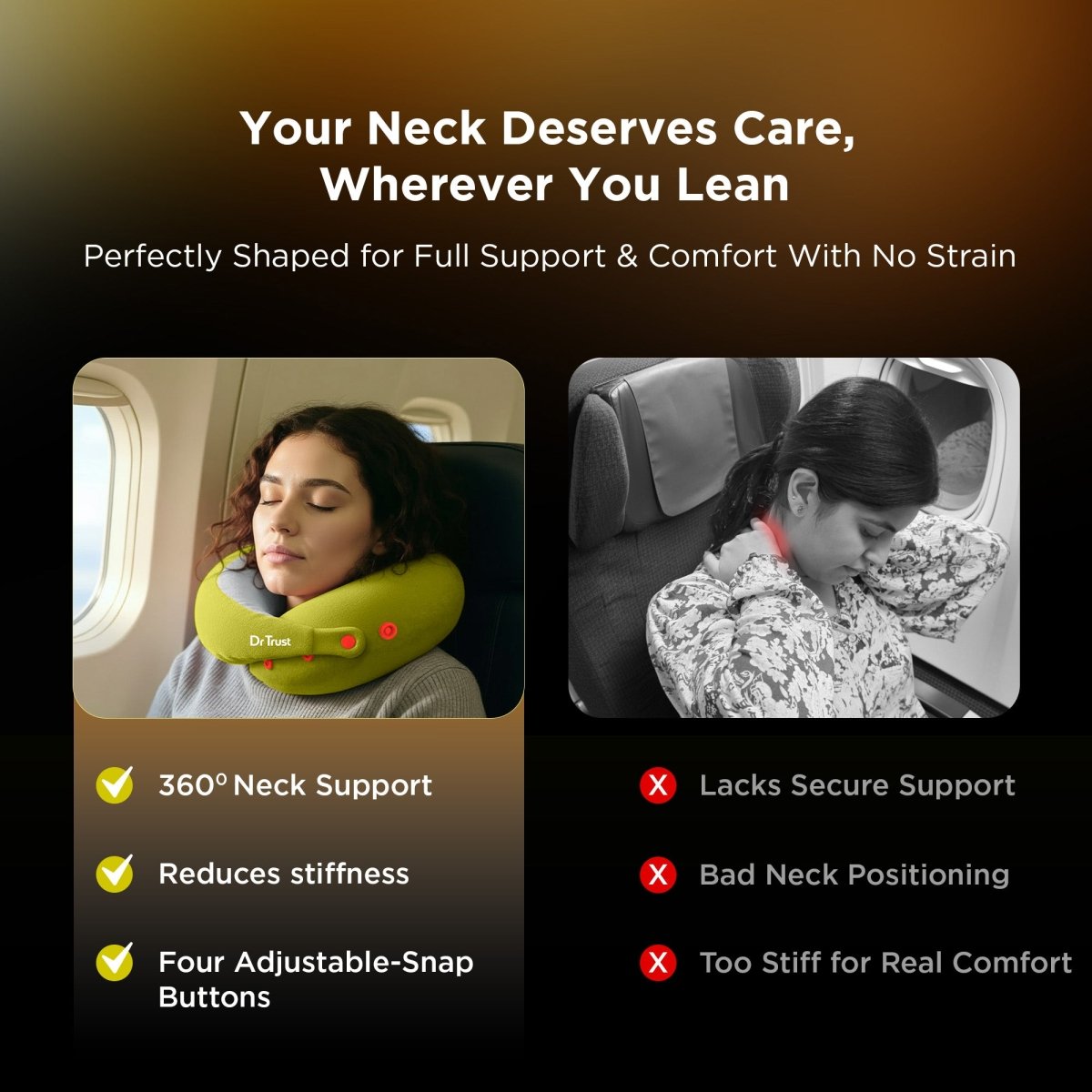 Dr Trust USA Cocoon 3219 Travel Neck Pillow 360° Ergonomic Support for Car, Flight & Train Comfortable Memory Foam Pillow with 4 Adjustable Buttons – Green