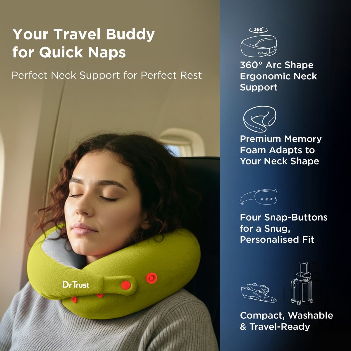 Dr Trust USA Cocoon 3219 Travel Neck Pillow 360° Ergonomic Support for Car, Flight & Train Comfortable Memory Foam Pillow with 4 Adjustable Buttons – Green