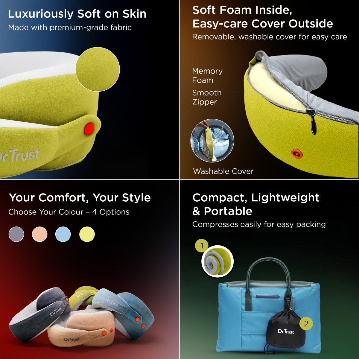 Dr Trust USA Cocoon 3219 Travel Neck Pillow with 360° Support & Memory Foam – Green