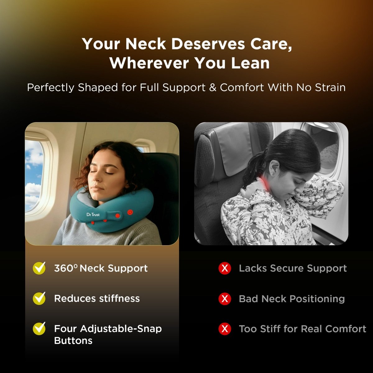 Dr Trust USA Cocoon 395 Travel Neck Pillow 360° Ergonomic Support for Car, Flight & Train Comfortable Memory Foam Pillow with 4 Adjustable Buttons – Blue