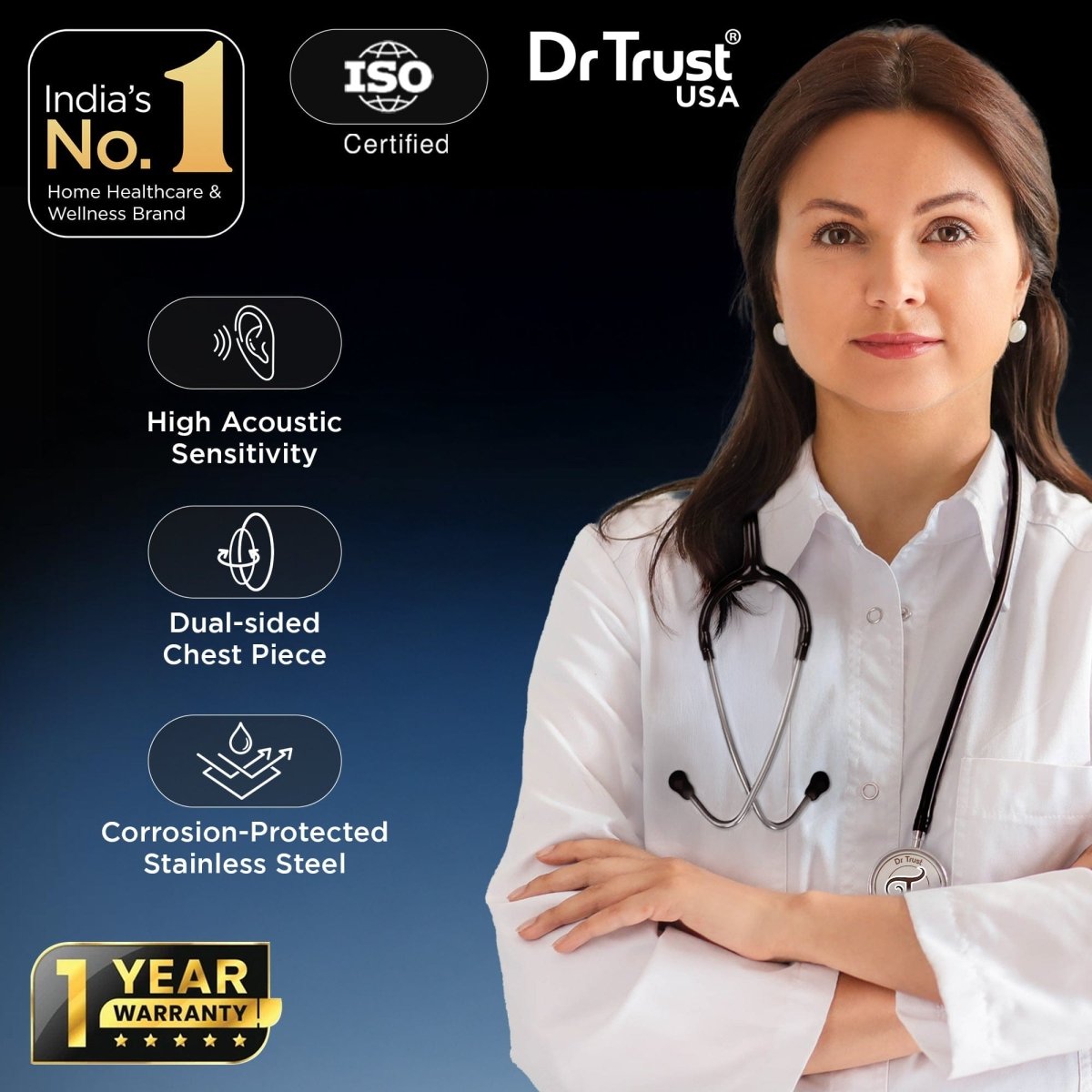Dr Trust USA Gold Standard III Stethoscope 128 (Black)