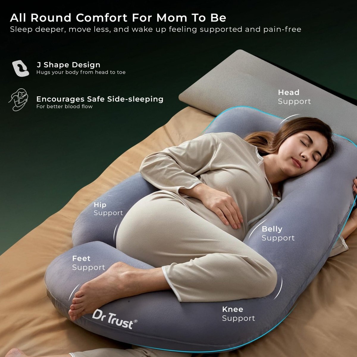Dr Trust USA J-Shaped Pregnancy Pillow 3213 (Grey)