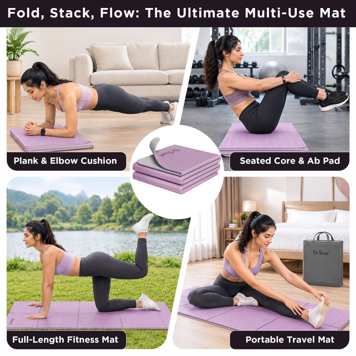 Dr Trust USA Mauve Plum Foldable TPE Yoga Mat 337 Anti-Slip 6mm, Sweat-Proof & Lightweight Portable Exercise Mat for Yoga, Pilates, Meditation & Home Workouts