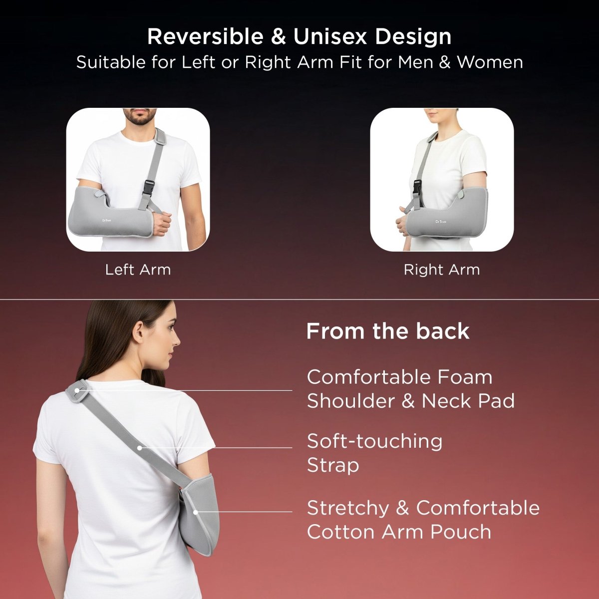 Dr Trust USA Tropical 4201 Arm Sling Pouch for Fracture, Shoulder & Forearm Support Adjustable Orthopedic Arm Immobilizer with Thumb Cradle for Fracture Recovery for Men & Women (Grey)