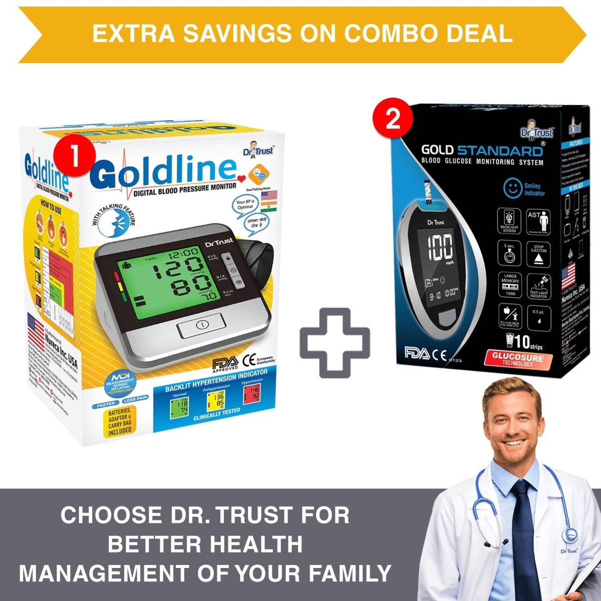 Dr Trust USA Goldline BP Monitor 103 + Glucometer 9001 (10 Strips)