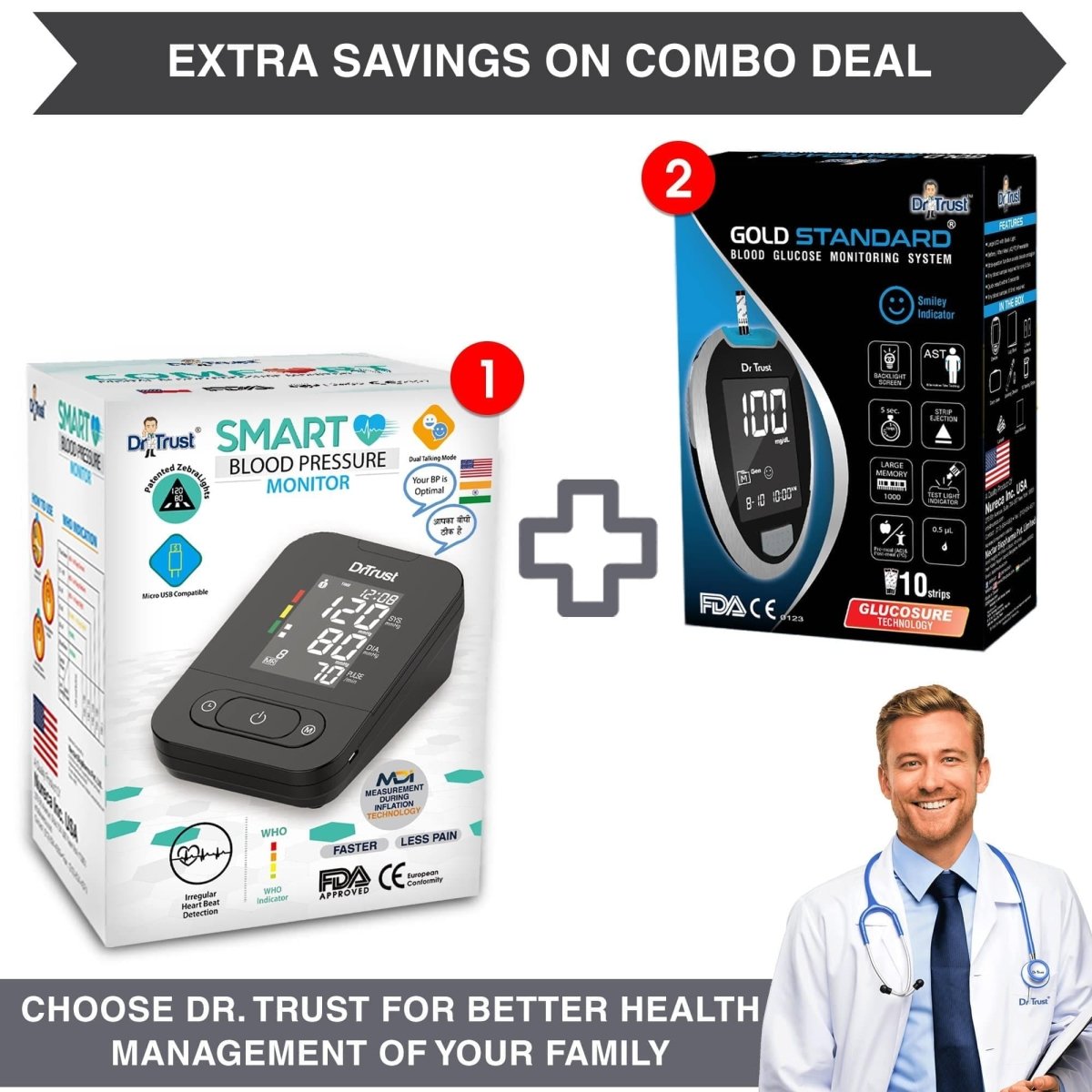 Dr Trust USA Smart BP Machine 101 + Glucose Testing 9001 (10 strips)